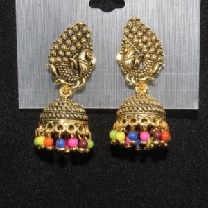 Oxidised Gold Finish Alloy Metal Traditional Colored Beads Jhumka, Jhumki Earrings