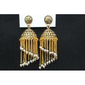 Oxidised Gold Finish Alloy Metal Traditional Dangler Pearls Jhumka, Jhumki Earrings