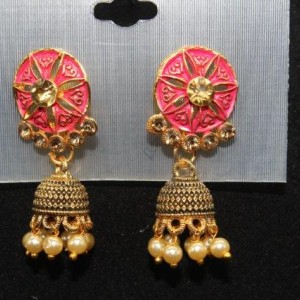 Oxidised Gold Finish Alloy Metal Traditional American Diamonds, Color Enamelled And Pearls Jhumka, Jhumki Earrings