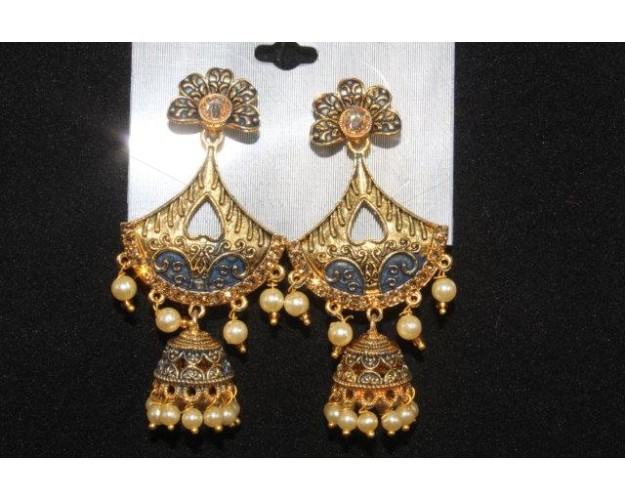 Oxidised Gold Finish Alloy Metal Traditional Pearls Jhumka, Jhumki Earrings