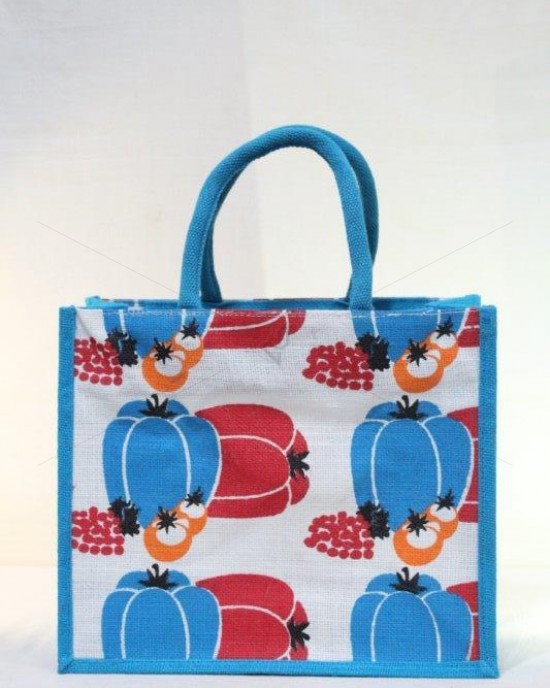 Multipurpose Fancy Jute Bag - Random Colour Vegetables Print with Zipper (13 X 6 X 11 inches)