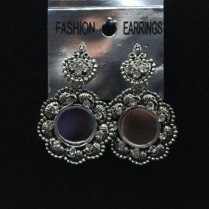 Oxidized Silver Finish Alloy Metal, Traditional Mirror Work With White Stones, Drop Earrings
