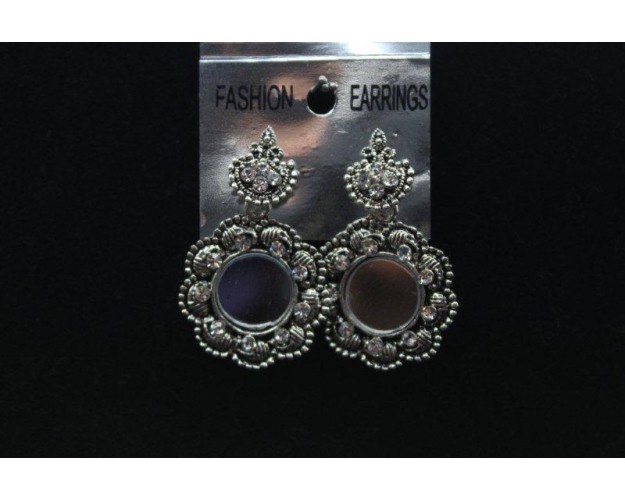 Oxidized Silver Finish Alloy Metal, Traditional Mirror Work With White Stones, Drop Earrings