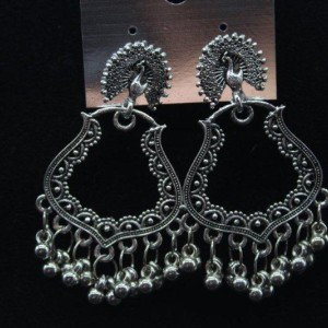 Oxidized Silver Finish Alloy Metal, Traditional Peacock Work With Silver Beads, Drop Earrings