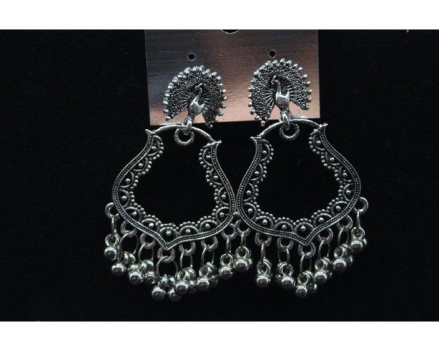 Oxidized Silver Finish Alloy Metal, Traditional Peacock Work With Silver Beads, Drop Earrings