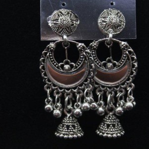 Oxidized Silver Finish Alloy Metal,Traditional Mirror Work Chandbali With Silver Beads And Vintage Jhumka ,Jhumki Earrings