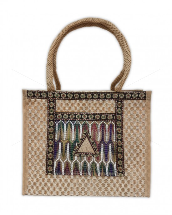 Multi Compartment Jute Hand Bag - Random Colour Fancy Ladies Handbag with Zipper (13.5 X 5 X 11 inches)