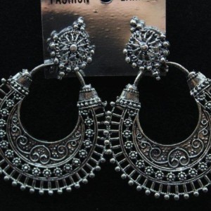 Oxidized Silver Finish Alloy Metal,Traditional Chandbali With Design,Drop Earrings