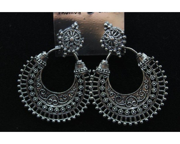 Oxidized Silver Finish Alloy Metal,Traditional Chandbali With Design,Drop Earrings