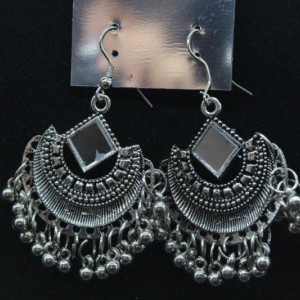 Oxidized Silver Finish Alloy Metal,Traditional Royal Mirror Work With Chandbali And Silver Beads ,Drop Earrings
