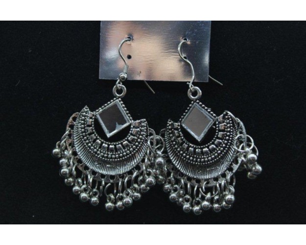 Oxidized Silver Finish Alloy Metal,Traditional Royal Mirror Work With Chandbali And Silver Beads ,Drop Earrings