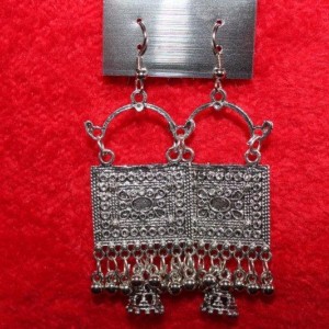 Oxidized Silver Finish Alloy Metal,Traditional And Unique Rectangular Design With Silver Beads And Jhumka,Jhumki Earrings