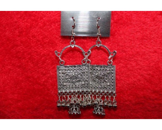 Oxidized Silver Finish Alloy Metal,Traditional And Unique Rectangular Design With Silver Beads And Jhumka,Jhumki Earrings