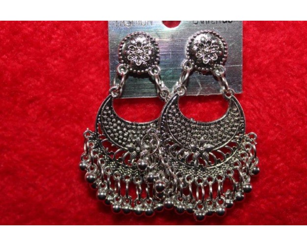 Oxidized Silver Finish Alloy Metal, Traditional Chandbali Dangle With Silver Beads,Drop Earrings