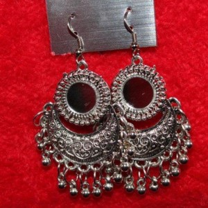 Oxidized Silver Finish Alloy Metal, Traditional Round Glass Work With Chandbali And Silver Beads,Drop Earrings