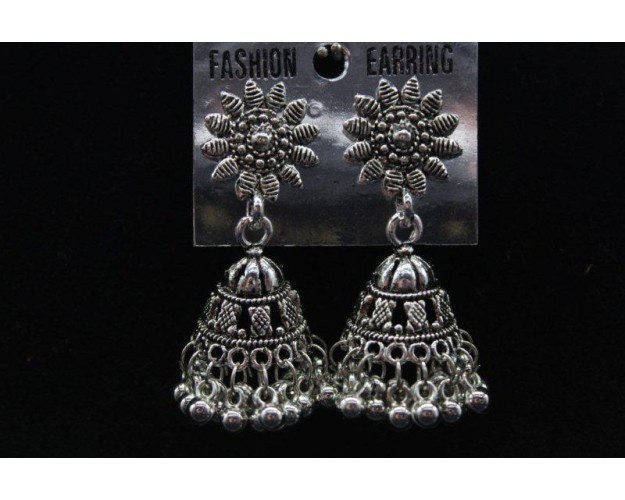 Oxidized Silver Finish Alloy Metal,Splendid Flower Design With Jhumka And Silver Beads,Jhumki Earrings