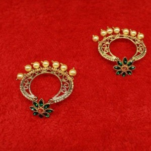 Gold Plated Alloy Metal,Splendid Flower Design With Green stones And Chandbali With Silver Beads,Drop Earrings