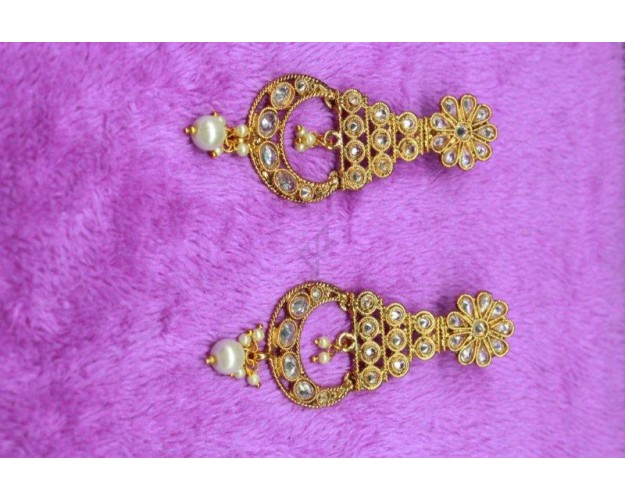 Oxidised Gold Finish Alloy Metal,Traditional Design Stone Work And Chandbali With Silver Beads,Drop Earrings