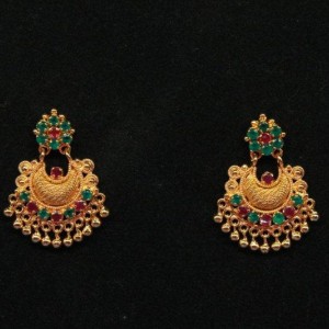 Gold Plated Alloy Metal,Traditional Chandbali With Coloured Stones And Beads,Drop Earrings