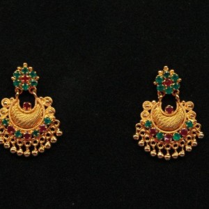 Gold Plated Alloy Metal,Traditional Chandbali With Coloured Stones And Beads,Drop Earrings