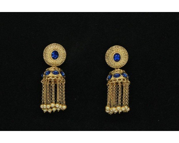 Gold Plated Alloy Metal,Traditional Design Jhumki With Blue Stone And Pearls ,Jhumka Earing