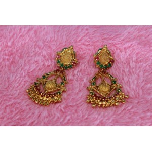 Gold Plated Alloy Metal,Traditional Chandbali With Coloured Stones And Golden Beads,Drop Earrings