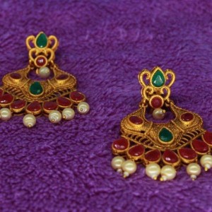 Oxidized Gold Finish Alloy Metal,Traditional Chandbali Design With Green And Red stones With Beads Hanging,Drop Earring