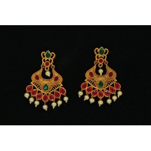 Oxidized Gold Finish Alloy Metal,Traditional Chandbali Design With Green And Red stones With Beads Hanging,Drop Earring