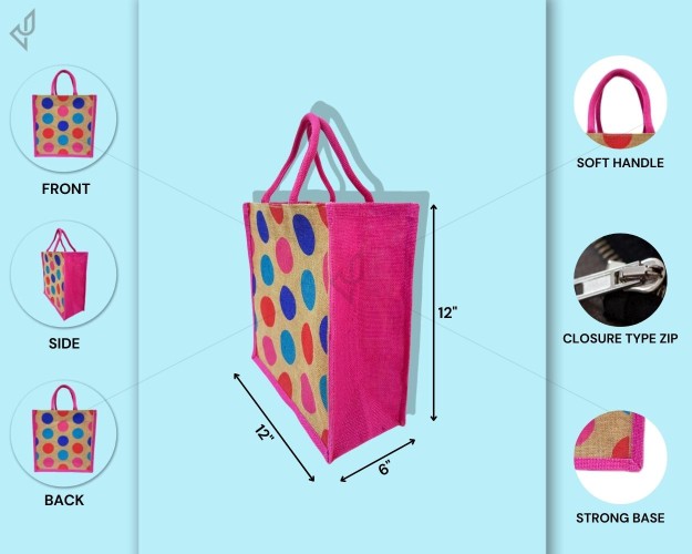 Multipurpose Fancy Jute Bag - Random Colour Dot Design with Zipper (12 X 6 X 12 inches)