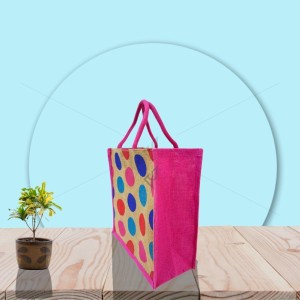 Multipurpose Fancy Jute Bag - Random Colour Dot Design with Zipper (12 X 6 X 12 inches)