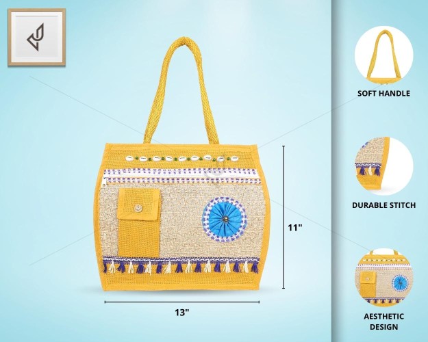 Multi Compartment Fancy Jute Bag - Random Colour Fancy Ladies Handbag with Zipper and Phone Pouch  (13 X 4 X 11 inches)