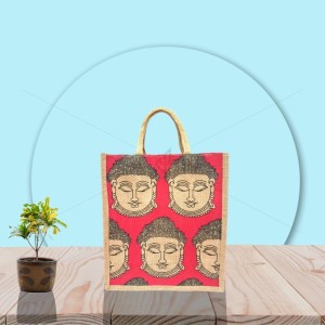 Multipurpose Fancy Jute Bag - Random colour Buddha Face Print With Zipper (13.5 X 6 X 12 inches)