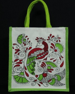 Gift Bags for Wedding and Other Occasions - Random Colour Peacock Print Canvas Jute Bag with Zipper (10.5 X 5 X 11 inches)