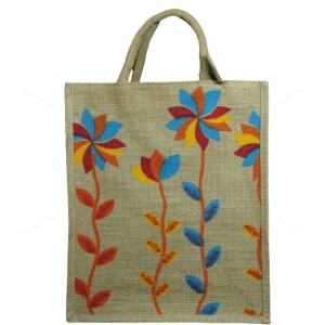 Multi Utility Jute Lunch Bag - Random Colour Flower Print with Zipper (12 X 5 X 14 inches)