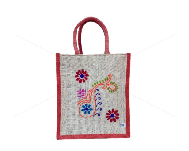 Multi Utility White Jute Lunch Bag - Beautiful Veena Embroidery Work On White Jute Bag with Zipper (11.5 X 5 X 13 inches)
