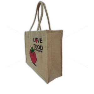 Shopping Bag - Love Food Hate Waste Print Jute Bag With Inner Pocket And Zipper (16 X 5.8 X 13 inches)