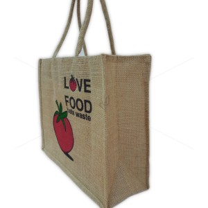 Shopping Bag - Love Food Hate Waste Print Jute Bag With Inner Pocket And Zipper (16 X 5.8 X 13 inches)