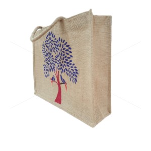 Shopping Bag - Tree And Birds Print Jute Bag With Inner Pocket And Zipper (16.5 X 4.8 X 13.5 inches)