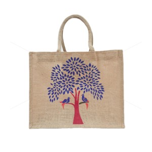 Shopping Bag - Tree And Birds Print Jute Bag With Inner Pocket And Zipper (16.5 X 4.8 X 13.5 inches)