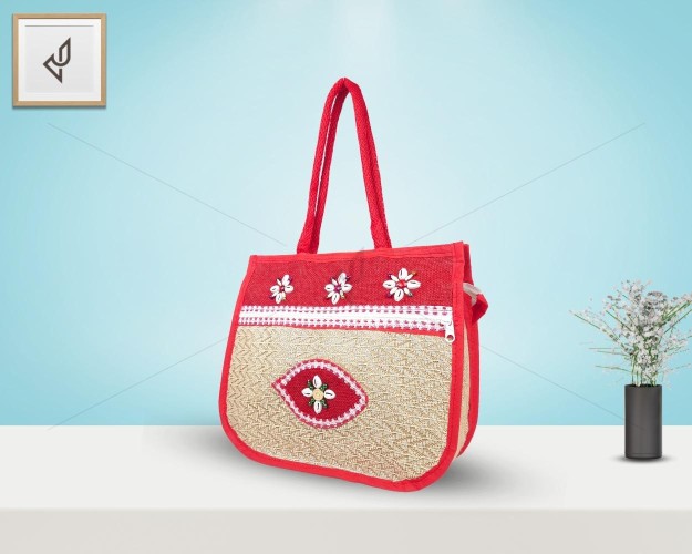 Multi Compartment Fancy Jute Hand Bag - Random Colour Fancy Ladies Handbag with Zipper (13 X 4 X 11 inches)