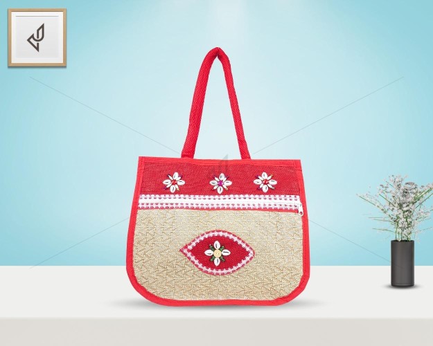 Multi Compartment Fancy Jute Hand Bag - Random Colour Fancy Ladies Handbag with Zipper (13 X 4 X 11 inches)