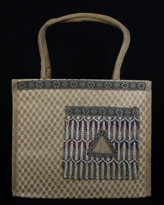 Multi Compartment Shoulder Hand Bag - Random Colour Fancy Jute Ladies Handbag with Zipper (13.5 X 5 X 11 inches)
