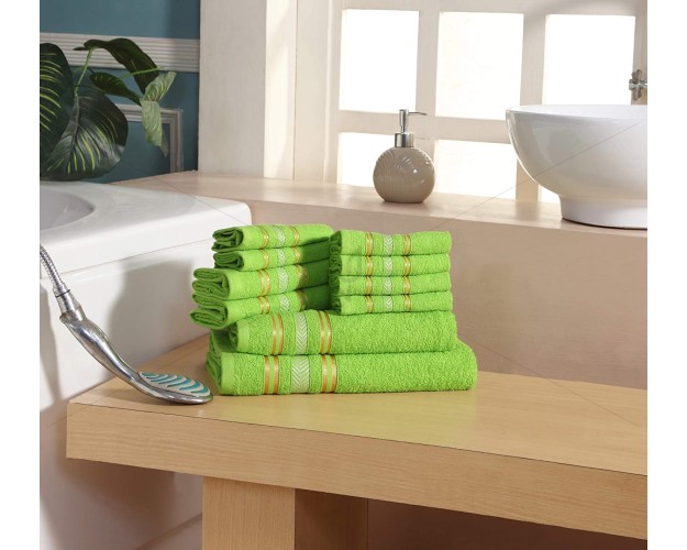10 Pc Towel 400 GSM, Premium, Extra Light Weight Soft, Absorbent, Durable, Reasonable, Quick Dry, 100% Ring-Spun Cotton Yarn, (10 Pcs Towel Set, Natural Green), Essence [T1067]