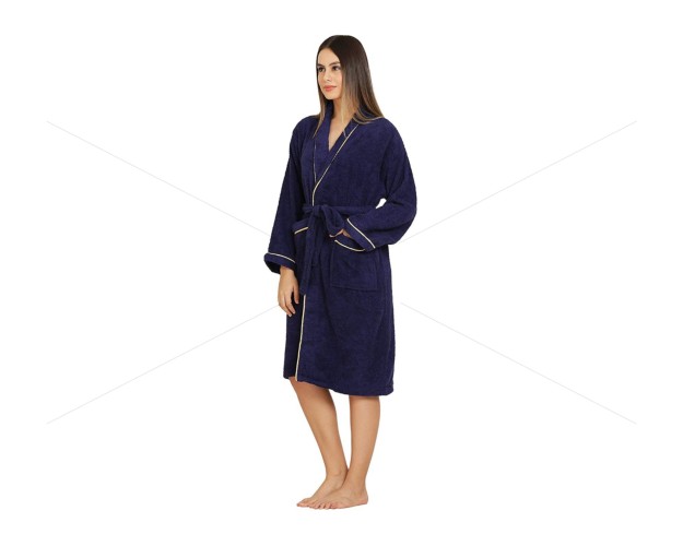 Unisex Bathrobe (S/M) 380 GSM, Premium Shawl Collar, Double Sided Terry, Higher Absorbency -100% Pure Cotton, Navy Blue, Celestial [BR1005]