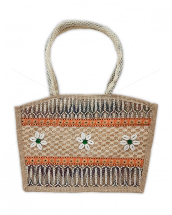 Fashionable Jute Hand Bag With Elegant Stone Designs And Zipper (14 X 4.3 X 10 inches)