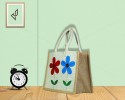 Small Designer Handmade Jute Fancy / Lunch Bag - Two cute flowers with zipper (8 x 5.5 x 10 inches)