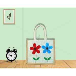 Small Designer Handmade Jute Fancy / Lunch Bag - Two cute flowers with zipper (8 x 5.5 x 10 inches)
