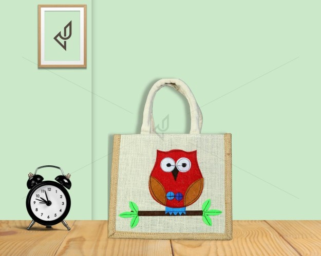 Small Designer Handmade Jute Fancy / Lunch Bag - Lovely Owl With Zipper (8 x 5.5 x 10 inches)