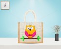 Small Designer Handmade Jute Fancy / Lunch Bag - Lovely Owl With Zipper (8 x 5.5 x 10 inches)