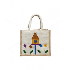 Small Designer Handmade Jute Fancy / Lunch Bag - sweet little home with zipper (8 x 5.5 x 10 inches)